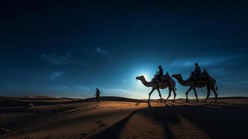ai generiert ein Wohnwagen von Kamele Spaziergänge durch das Wüste beim Nacht gegen das Hintergrund von das sternenklar Himmel. generativ ai foto