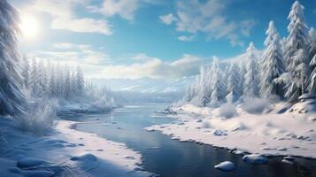 ai generiert Winter See gegen das Hintergrund von Berge generativ ai foto