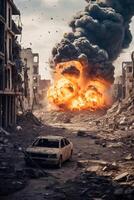 ai generiert Explosion im das Stadt Militär- Konflikt Verwüstung generativ ai foto