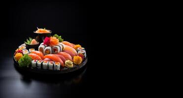 ai generiert sortiert Sushi auf schwarz Hintergrund generativ ai foto