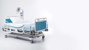 ai generiert Krankenhaus Bett mit Ausrüstung auf Weiß Hintergrund generativ ai foto