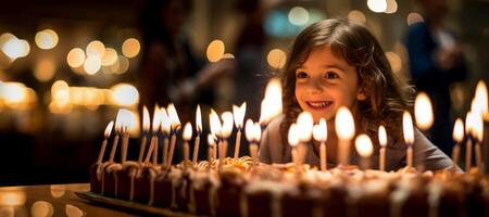 ai generiert Mädchen Kind weht aus Geburtstag Kerzen generativ ai foto