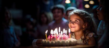 ai generiert Mädchen Kind weht aus Geburtstag Kerzen generativ ai foto