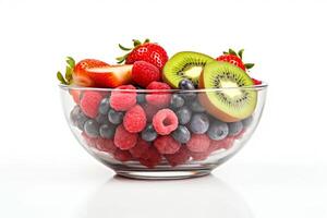 ai generiert Obst und Beere Salat auf ein Weiß Hintergrund generativ ai foto