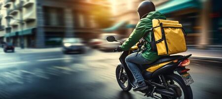 ai generiert Lieferung von Waren und Essen durch Motorrad generativ ai foto