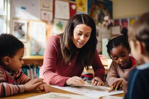 ai generiert Lehrer funktioniert mit multiethnisch Kinder generativ ai foto