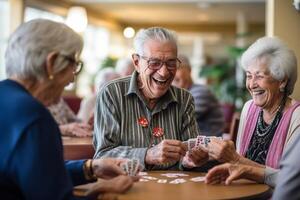 ai generiert Alten Menschen haben Spaß im ein Pflege- Zuhause Gruppe abspielen generativ ai foto