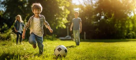 ai generiert Kind spielen Fußball im das Hinterhof generativ ai foto