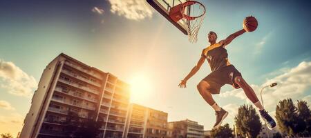 ai generiert Basketball Spieler wirft das Ball in das Band generativ ai foto