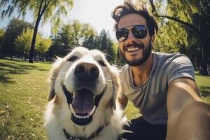 ai generiert Mann nimmt Selfie mit Hund im Park generativ ai foto