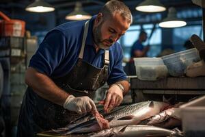 ai generiert Metzger schneidet Fisch generativ ai foto