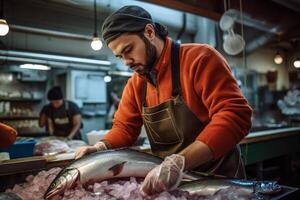 ai generiert Metzger schneidet Fisch generativ ai foto