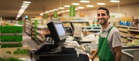 ai generiert Kassierer im ein Supermarkt generativ ai foto