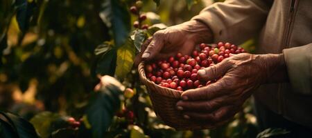 ai generiert roh Kaffee Beeren im Hände Nahansicht generativ ai foto