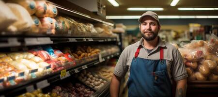 ai generiert Porträt von ein Supermarkt Arbeiter auf verschwommen generativ ai foto