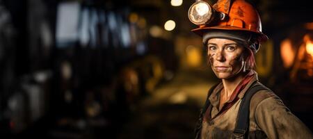 ai generiert Mädchen Bergmann beim das Bergwerk im ein Helm generativ ai foto