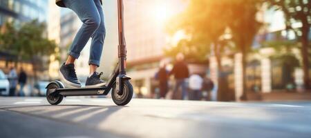 ai generiert elektrisch Roller um das Stadt Grün Transport generativ ai foto