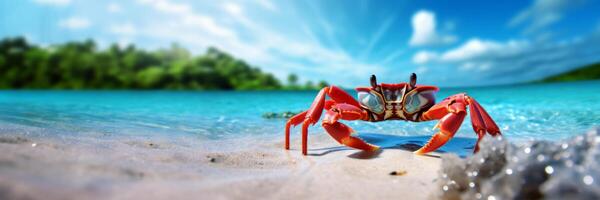 ai generiert rot Krabbe auf das Strand generativ ai foto
