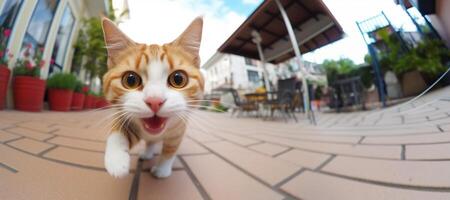 ai generiert Gesicht von ein Katze Laufen Nieder das Straße Nahansicht generativ ai foto