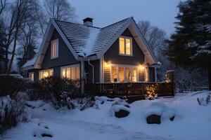 ai generiert schneebedeckt Haus auf Neu Jahre Weihnachten Nacht generativ ai foto