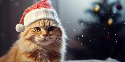 ai generiert Katze mit Santa claus Hut auf Neu Jahre Hintergrund generativ ai foto