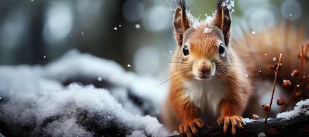 ai generiert Eichhörnchen im das Winter Wald generativ ai foto