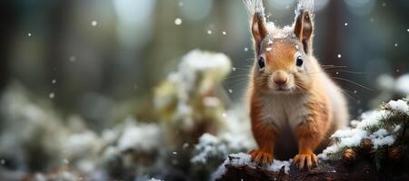 ai generiert Eichhörnchen im das Winter Wald generativ ai foto