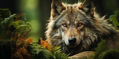 ai generiert Wolf im das Frühling Wald generativ ai foto