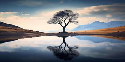 ai generiert einsam Baum auf das See Ufer mit Betrachtung im das Wasser generativ ai foto
