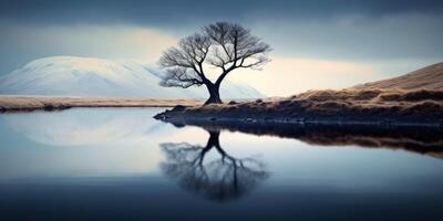 ai generiert einsam Baum auf das See Ufer mit Betrachtung im das Wasser generativ ai foto