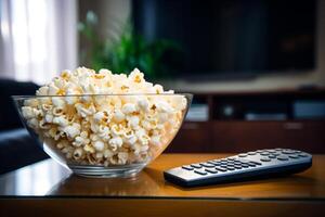 ai generiert Schüssel von Popcorn und Fernseher Fernbedienung Steuerung generativ ai foto