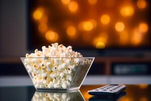 ai generiert Schüssel von Popcorn und Fernseher Fernbedienung Steuerung generativ ai foto