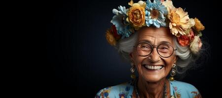 ai generiert Alten glücklich Frau mit Blumen im ihr Haar generativ ai foto