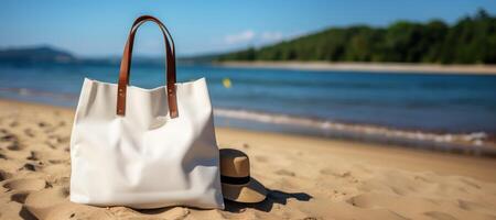 ai generiert Baumwolle Tasche auf das Strand Attrappe, Lehrmodell, Simulation generativ ai foto