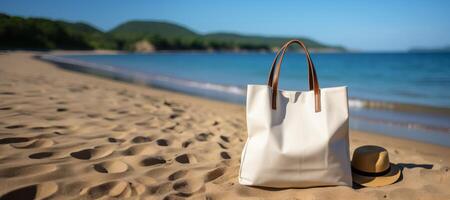 ai generiert Baumwolle Tasche auf das Strand Attrappe, Lehrmodell, Simulation generativ ai foto