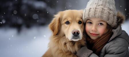 ai generiert Kind mit ein Hund im Winter Nahansicht Porträt generativ ai foto