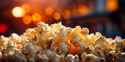 ai generiert Popcorn auf ein verschwommen Hintergrund generativ ai foto