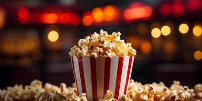 ai generiert Eimer von Popcorn auf verschwommen Hintergrund generativ ai foto