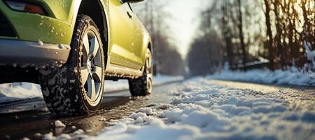 ai generiert Auto Räder auf ein Winter Straße Nahansicht generativ ai foto