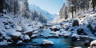 ai generiert Berg Fluss im Winter generativ ai foto