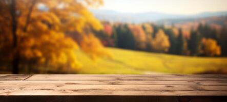 ai generiert leeren hölzern Tabelle auf Herbst Hintergrund generativ ai foto