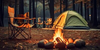 ai generiert Lager im das Wald, ein Zelt, ein gebaut Feuer und ein Stuhl um es generativ ai foto