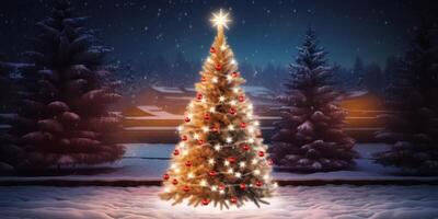 ai generiert dekoriert Weihnachten Baum im das Winter Wald beim Nacht generativ ai foto