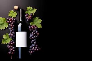ai generiert Flasche von Wein mit Trauben von Trauben auf ein schwarz Hintergrund generativ ai foto