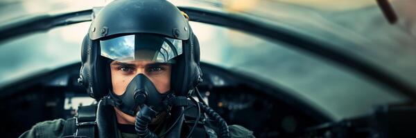 ai generiert Militär- Flugzeug Pilot Nahansicht mit Helm generativ ai foto