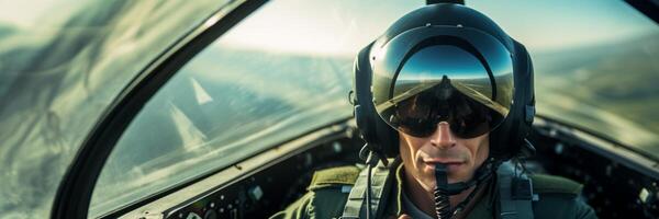 ai generiert Militär- Flugzeug Pilot Nahansicht mit Helm generativ ai foto