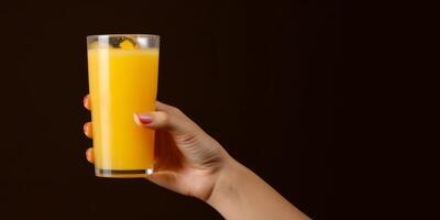 ai generiert natürlich Obst Saft im ein Glas im ein Frau Hand generativ ai foto