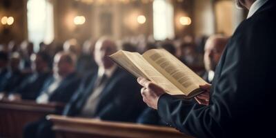 ai generiert Pastor halten ein Bibel im seine Hände beim ein Predigt generativ ai foto