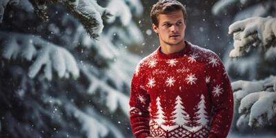 ai generiert Mann im ein Weihnachten gestrickt Sweatshirt auf das schneebedeckt draußen generativ ai foto