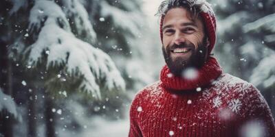 ai generiert Mann im ein Weihnachten gestrickt Sweatshirt auf das schneebedeckt draußen generativ ai foto